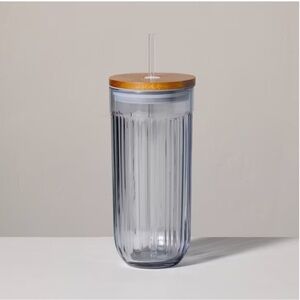 21oz Fluted Glass Tumbler with Wood Lid Blue - Hearth & Hand™ with Magnolia